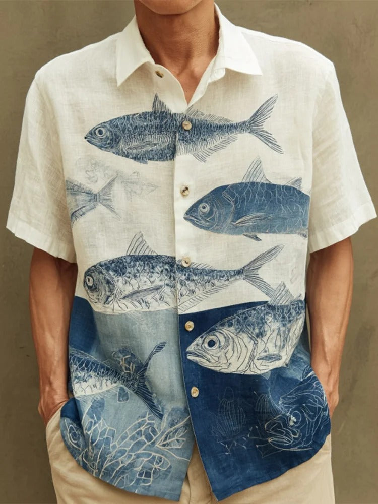 Japanese Fish Print Linen Shirt – Indigo Coastal Short Sleeve Button Up