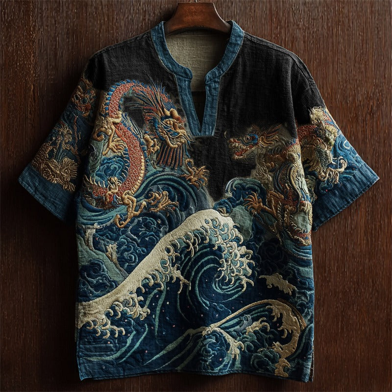 Japanese Dragon Embroidered Linen Shirt – Ocean Wave V-Neck Kimono Top