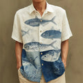 Japanese Fish Print Linen Shirt – Indigo Coastal Short Sleeve Button Up