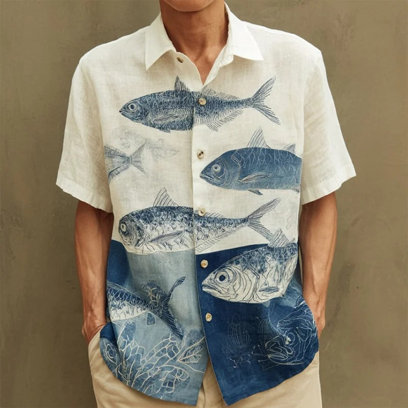 Japanese Fish Print Linen Shirt – Indigo Coastal Short Sleeve Button Up
