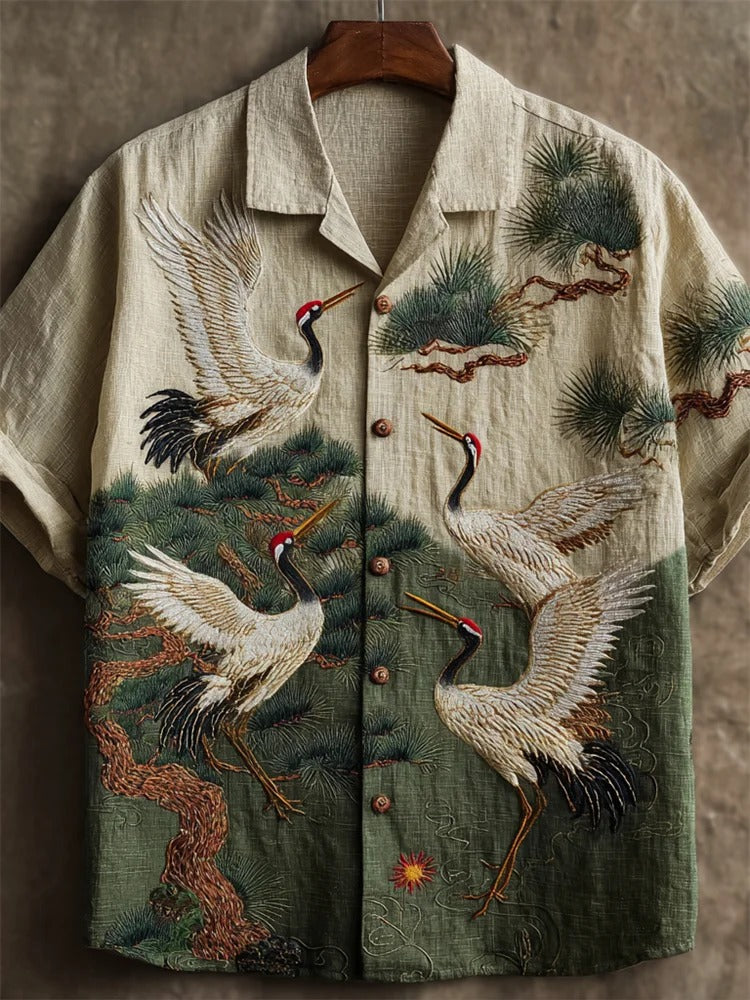 Japanese Crane & Pine Tree Embroidered Linen Shirt – Heritage Short Sleeve Button Up