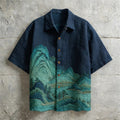 Japanese Landscape Embroidered Shirt – Indigo Mountain Short Sleeve Button Up