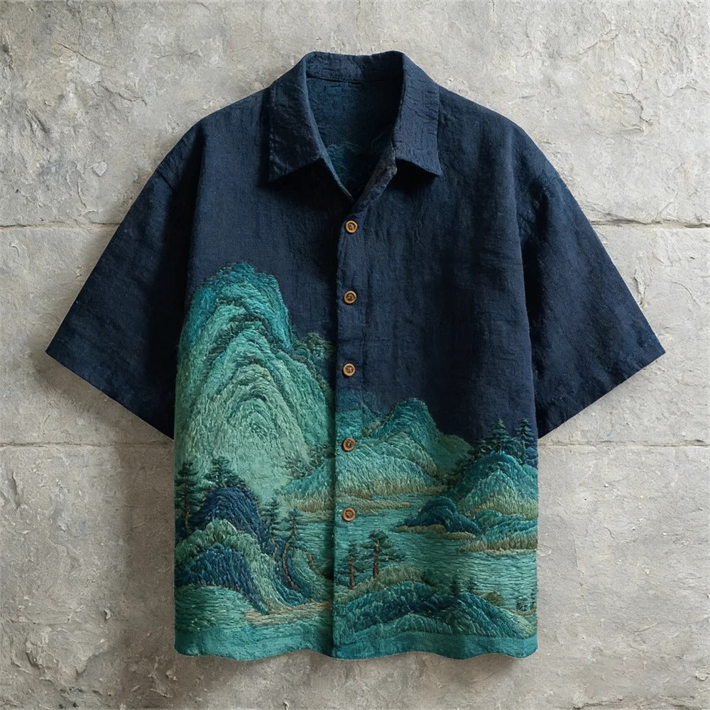 Japanese Landscape Embroidered Shirt – Indigo Mountain Short Sleeve Button Up